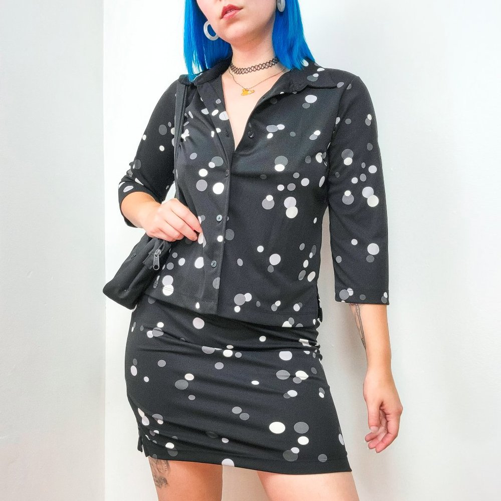 Vintage 90s Black Polkadot Two Piece Top & Mini Skirt Set